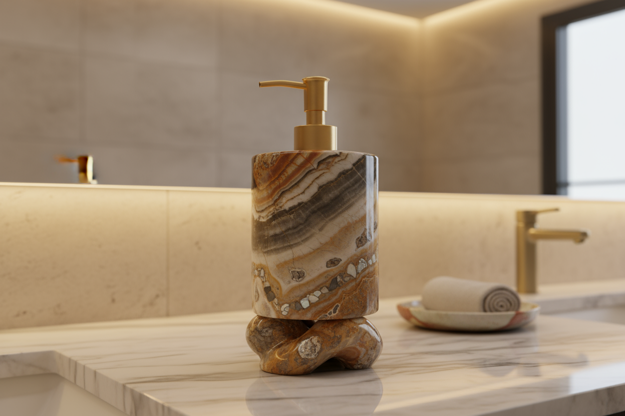 doğal taşlarla oluşturulmul ve özel tasarım ile yapılmış sıvı sabunluk lüks bir tezgahın üzerinde duruyor