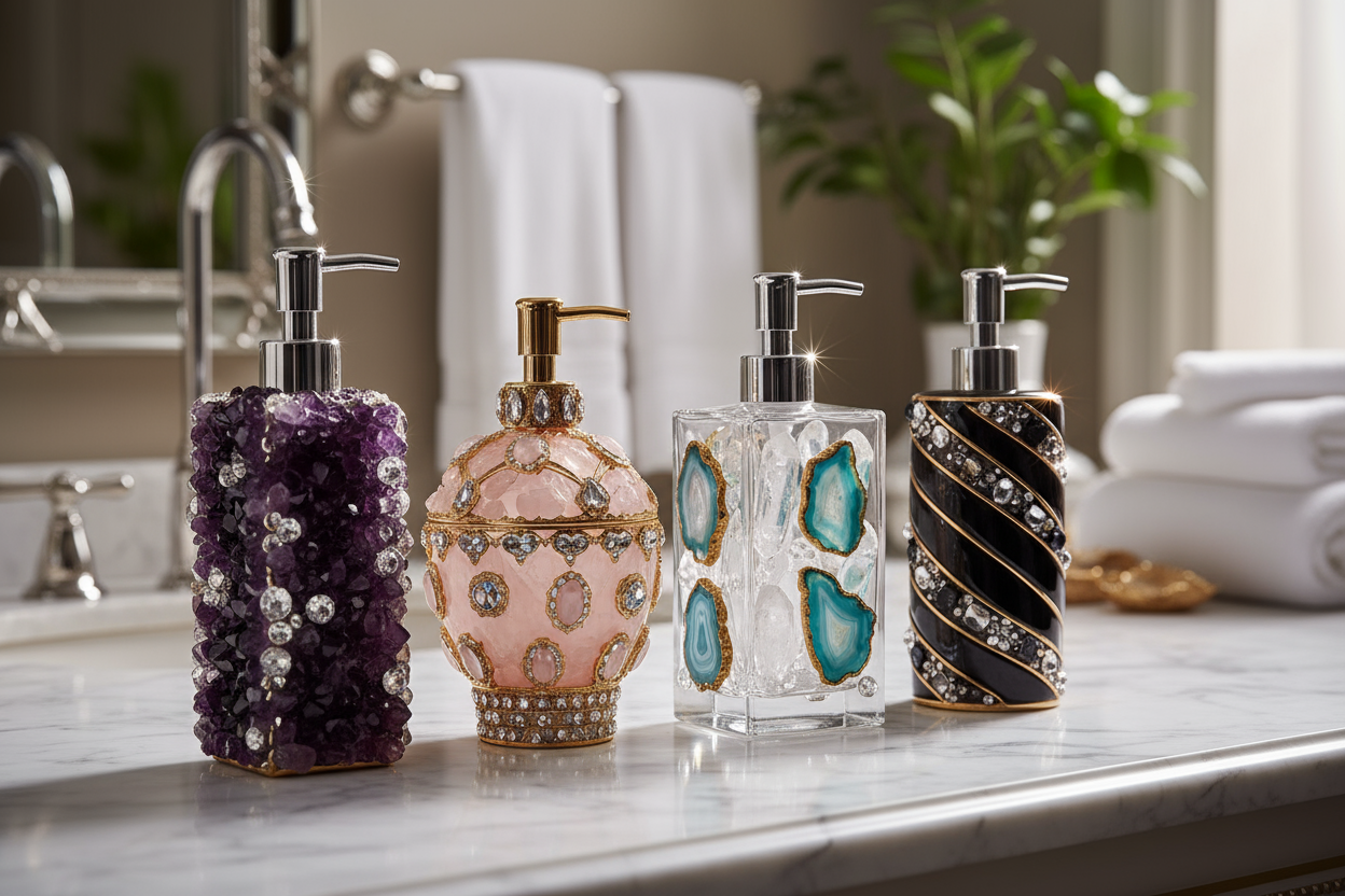 özel taşlarla ve kristaler ile oluşturmuş  tane farklı sıvı sabunluk yan yana duruyor ve çok şık mermerin üstündeler